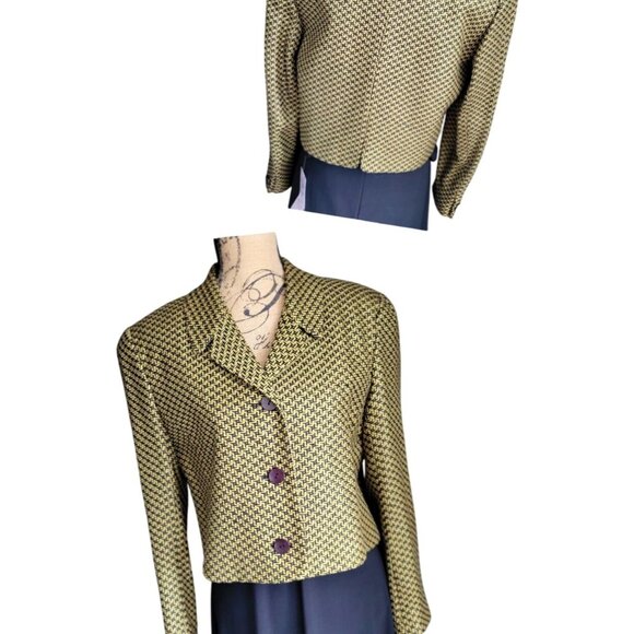 Ann May Womens Cropped Blazer Jacket Woven Silk Yellow & Black Patterned-SZ10 - Picture 7 of 8